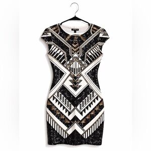 Express Sequin Mini Dress Small Art Deco Gold Black Bodycon Party